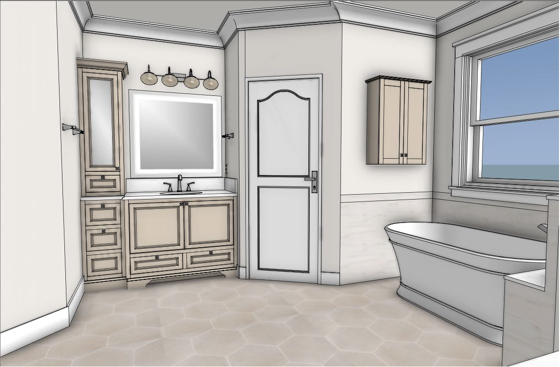 3D master bathroom rendering by Elizabeth Hall Designs for a Jacksonville, FL home