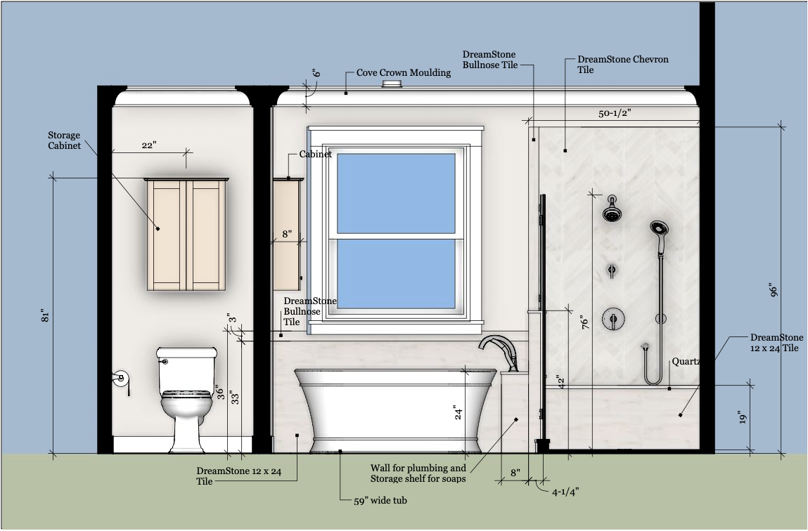 Elevation of a master bathroom rendering by Elizabeth Hall Designs for a Jacksonville, FL home