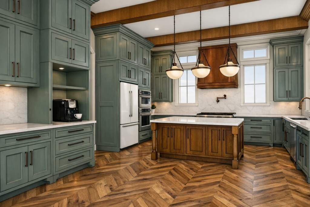 Traditional Kitchen design with green cabinetry, wood island, marble backsplash, herringbone wood floors