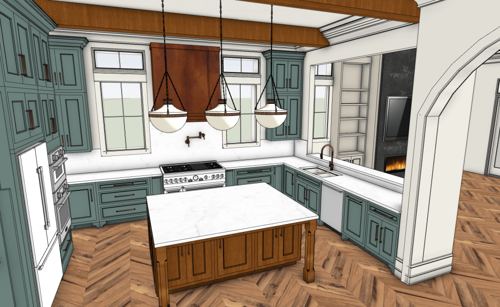 Traditional kitchen design with green cabinetry, wood island, marble backsplash and herringbone wood floors
