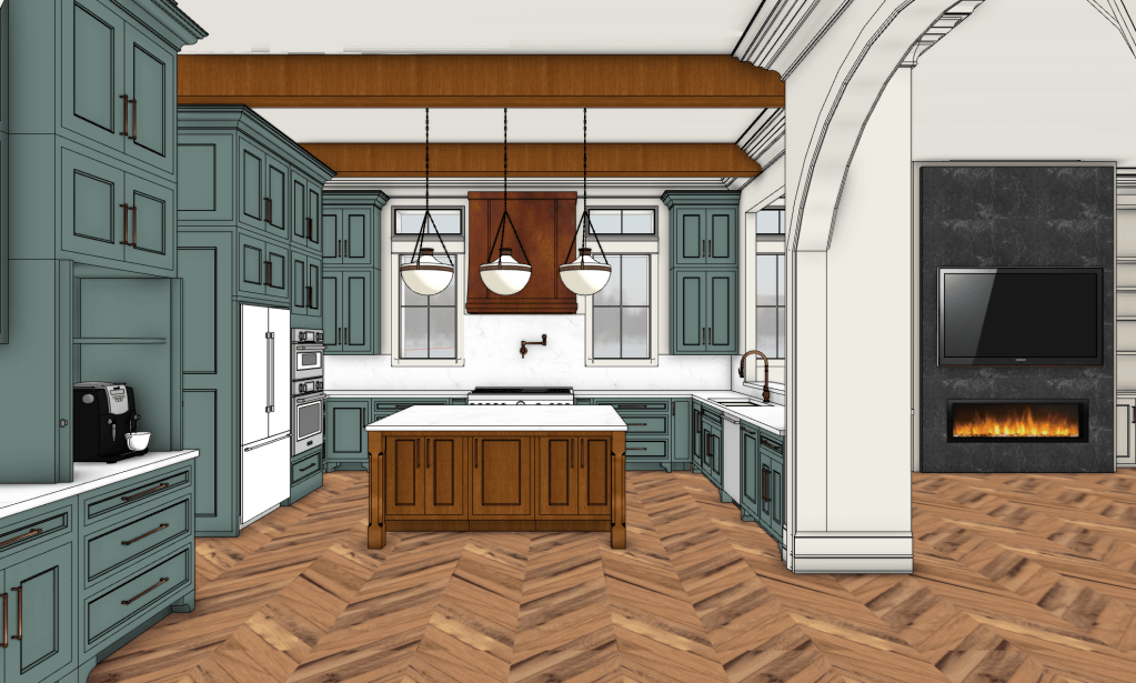 Traditional kitchen design with green cabinetry, wood island, marble backsplash and herringbone wood floors
