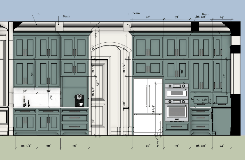 Traditional kitchen design elevation rendering green cabinets