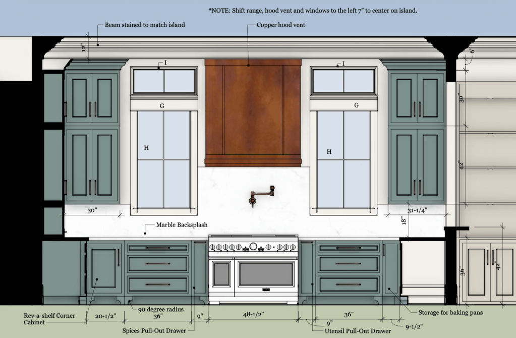 New Construction kitchen design elevation rendering - green cabinets and copper hood vent.